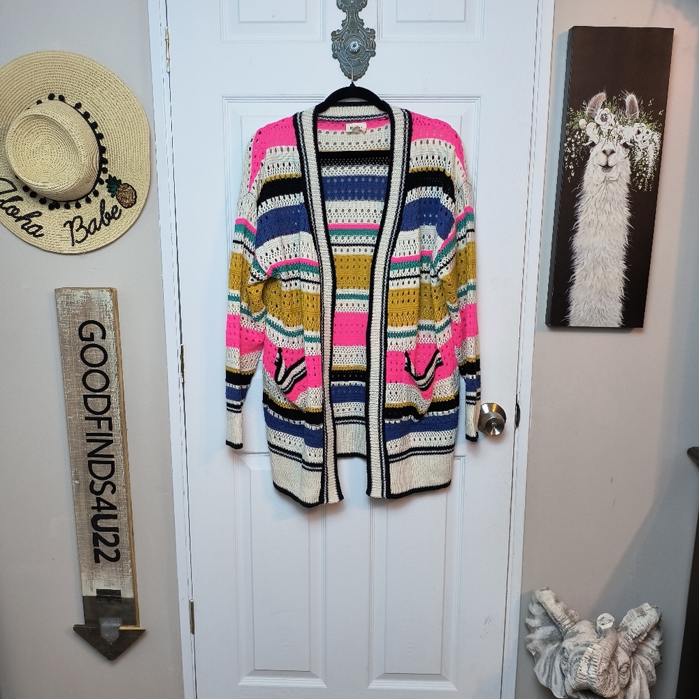 Bibi Multi Color Open Front Crochet Cardigan Swea… - image 2